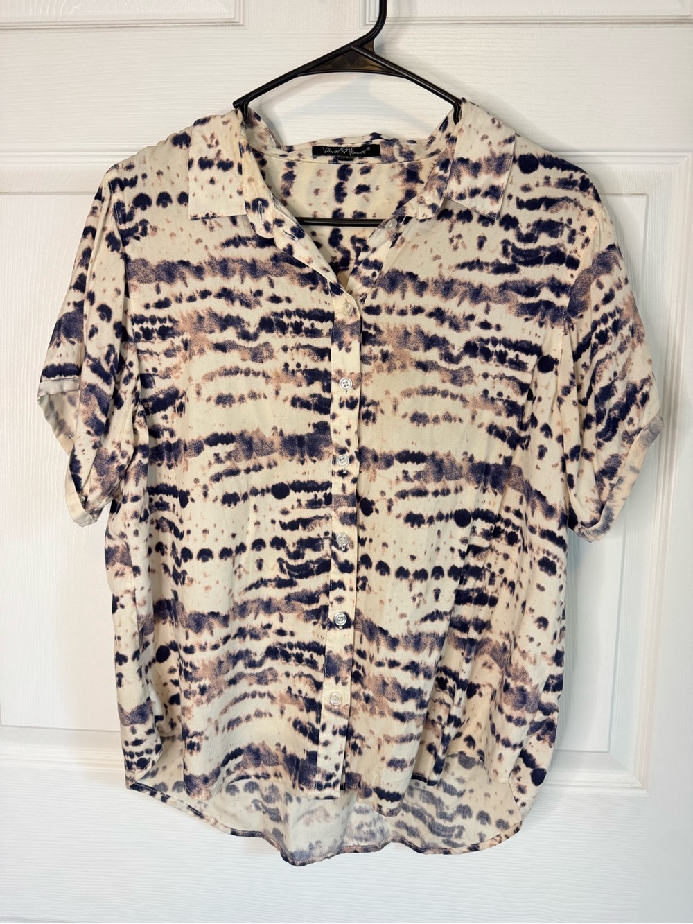 Velvet Heart Cream Blouse with Navy Tie-Dye Accents